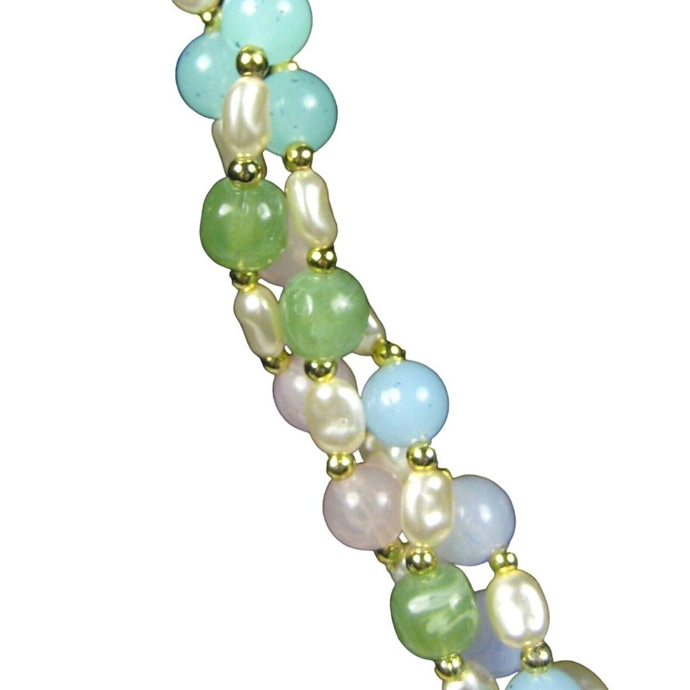 Necklace Earring Set 3 Multi Strand 24 in Matinee Faux Pearl Goldtone Blue Pink